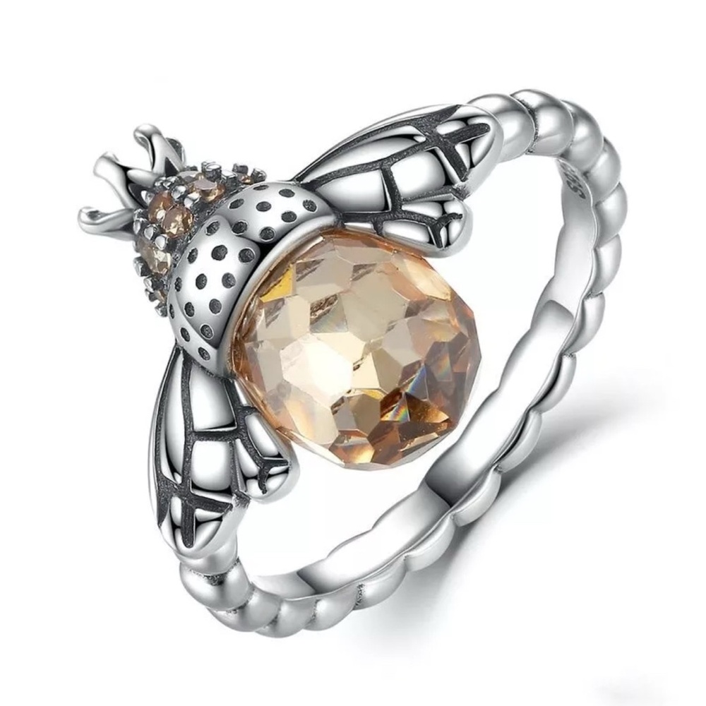 Elegant Silver and Amber Honey Bee Ring